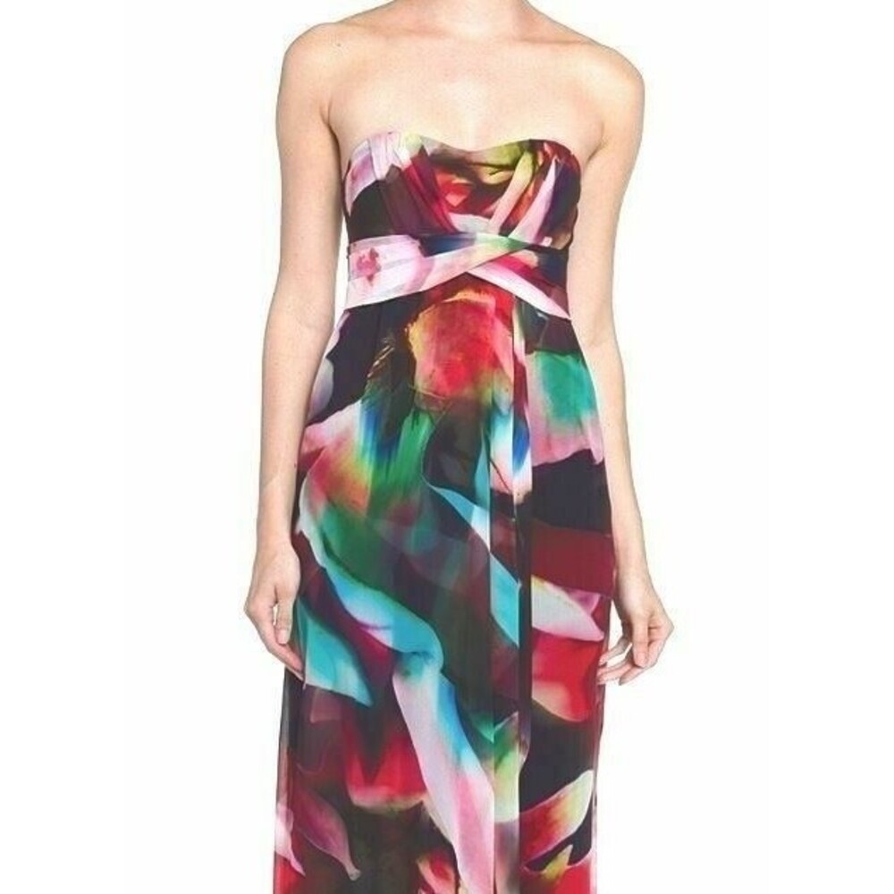 NICOLE MILLER Petal Power Floral Chiffon Strapless Empire Gown 0 $565 - Picture 2 of 12